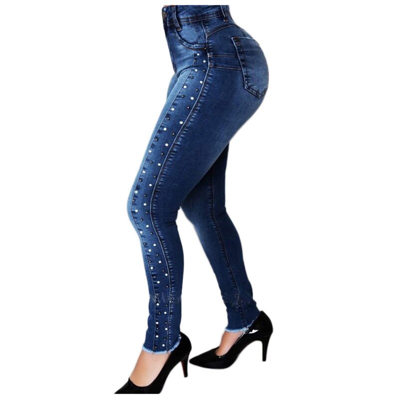 Pantalones vaqueros de cintura alta con cuentas Ķ mujer, û  pitillo elasticos de ÷ azul oscuro, moda urbana, û